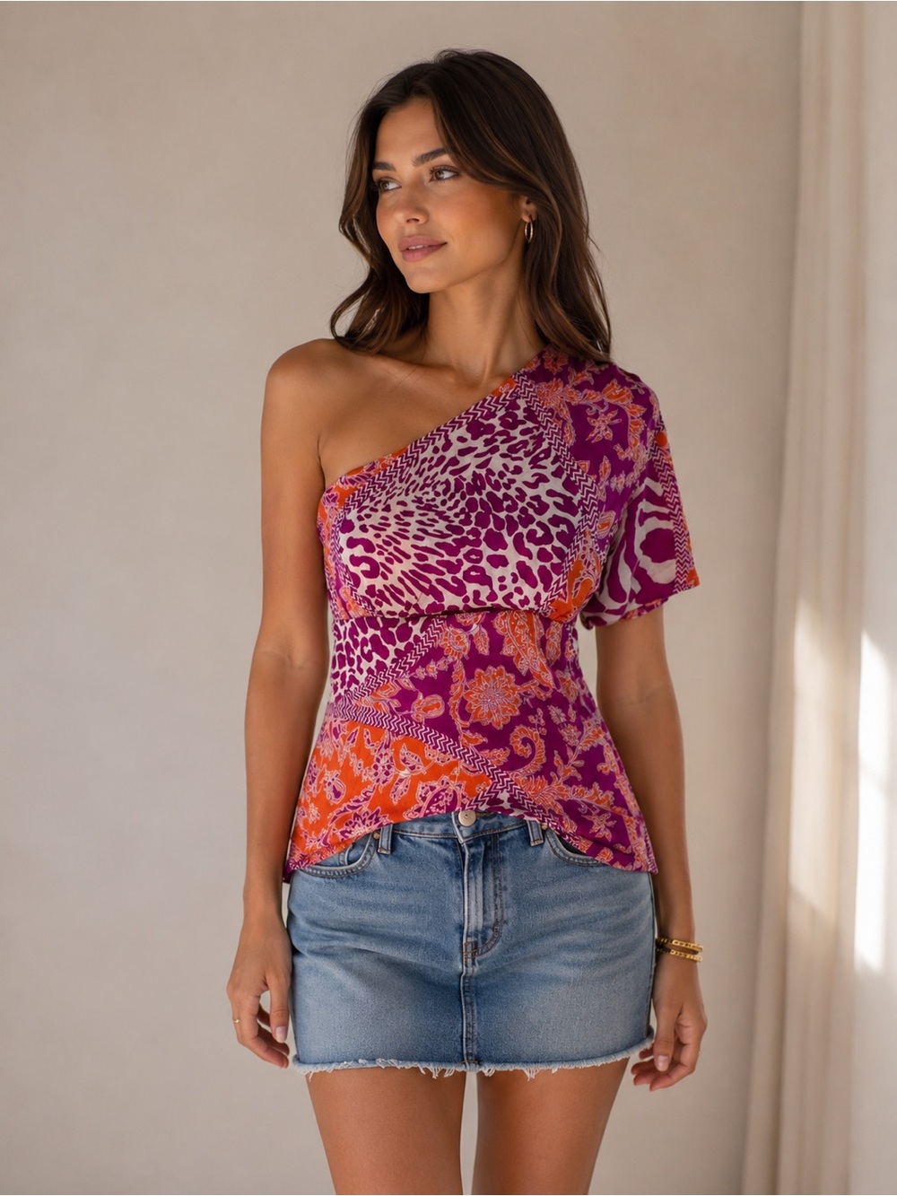 Vintage Y2K Cache One Shoulder Silk Top M Purple Orange Animal Paisley Blouse
